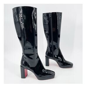 Christian Louboutin Alleo Black Patent Leather Knee High Block Heel Boots EU 42